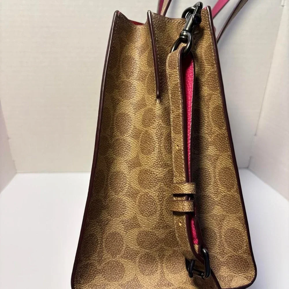 Coach Pink Pebbled Leather Tote Bag Brown Monogram Trim Red Interior 76073
